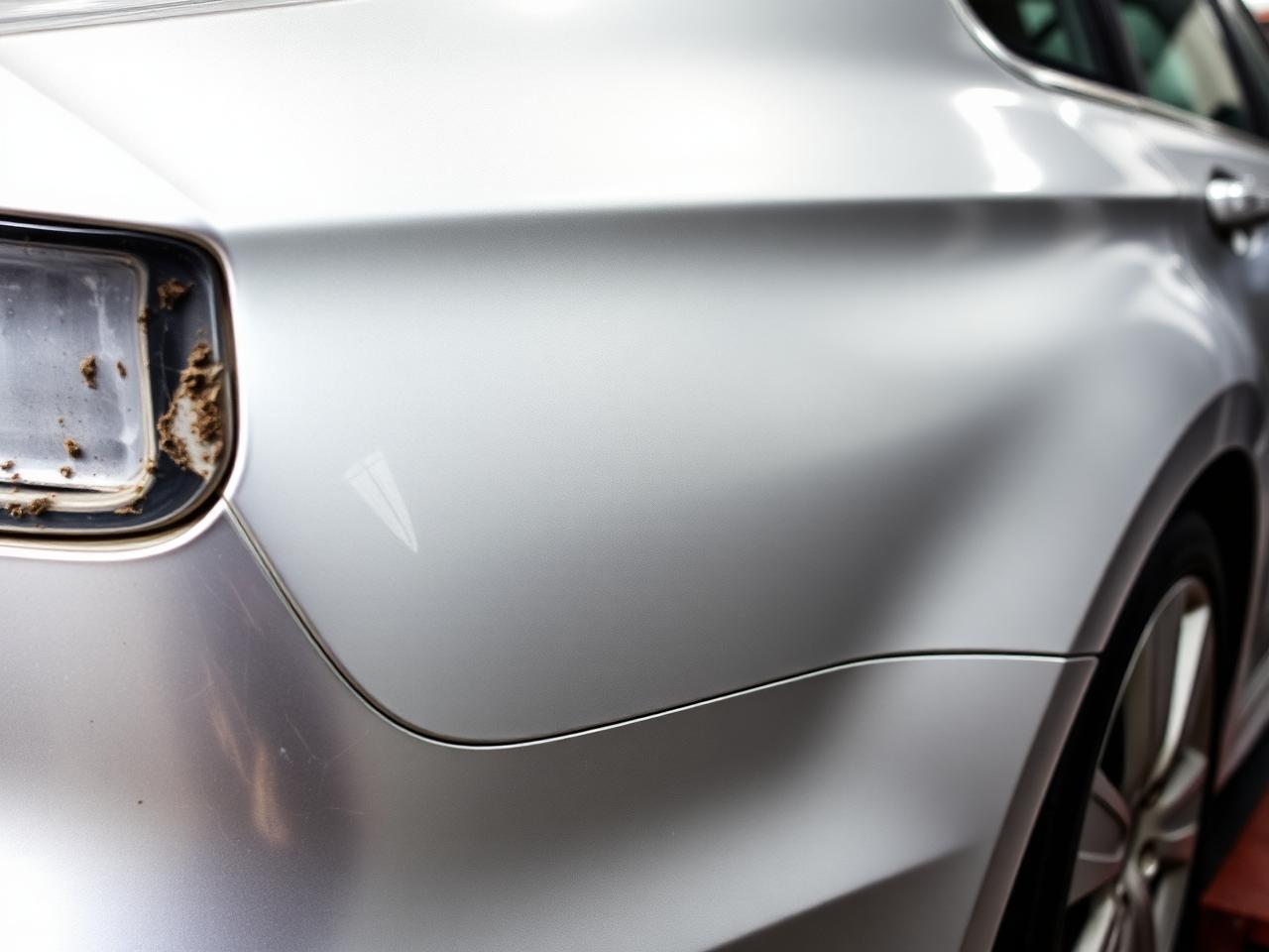 Dented and scratched rear quarter panel before repair