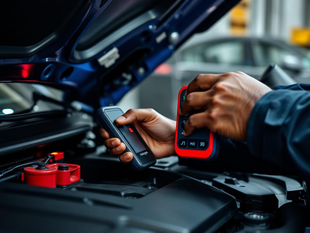 Technician running a computer diagnostic scan on an engine